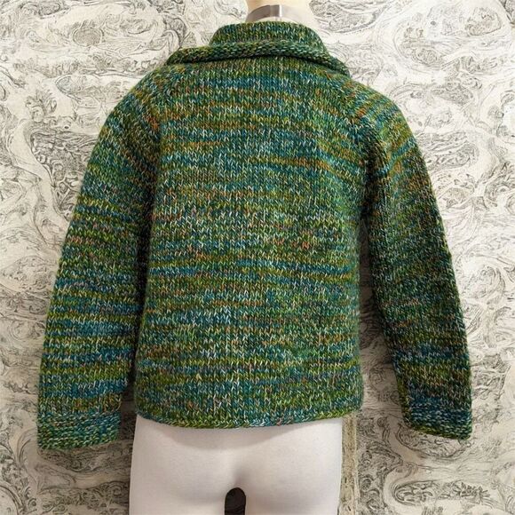 Hand Knit Open Front Space Dye Green Cardigan Sweater Small Medium - Picture 3 of 6